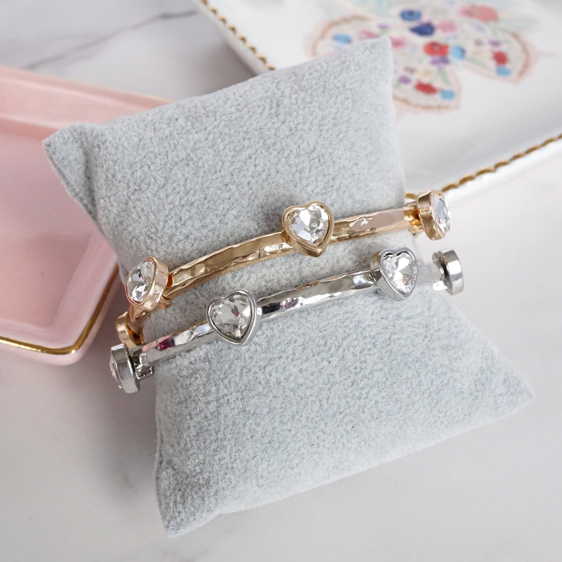 Heart Faceted Crystals Stretchy Stackable Station Bangles – Gold & Silver Tone
