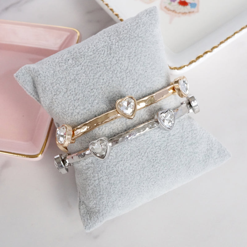 Heart Faceted Crystals Stretchy Stackable Station Bangles – Gold & Silver Tone
