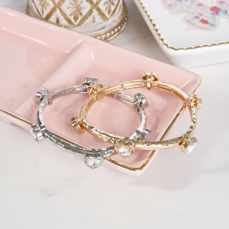 Heart Faceted Crystals Stretchy Stackable Station Bangles – Gold & Silver Tone
