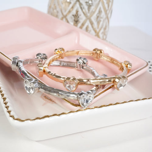 Heart Faceted Crystals Stretchy Stackable Station Bangles – Gold & Silver Tone