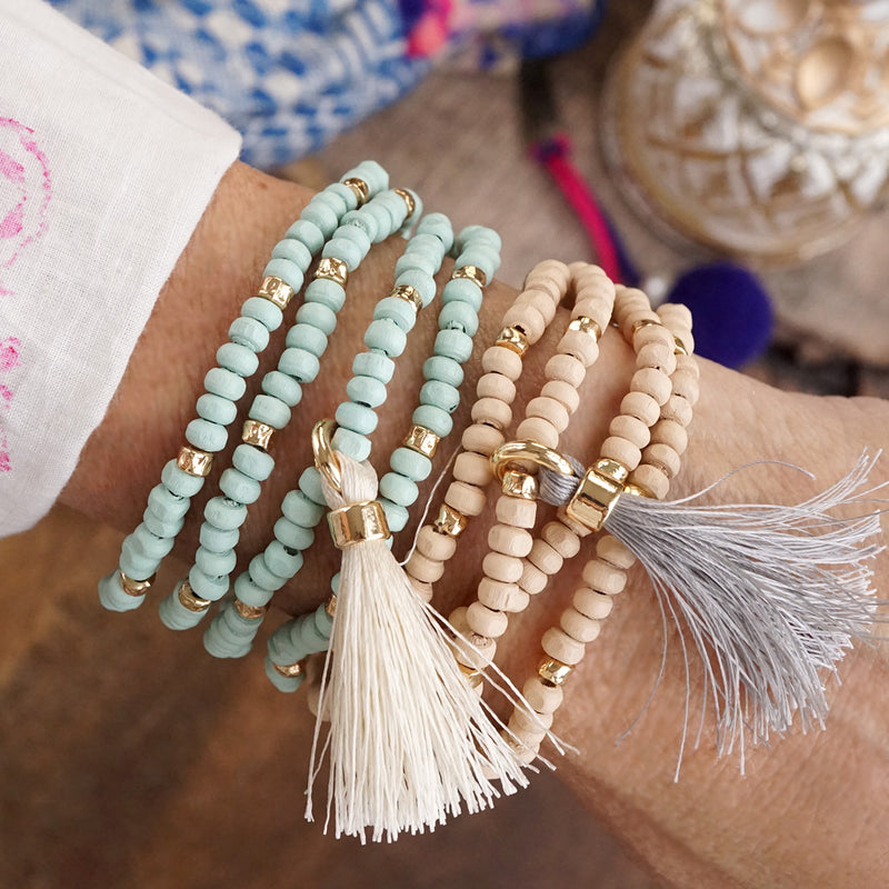 Boho Brights – Set of 4 Stretchy Wooden Bead Bracelets with Tassel