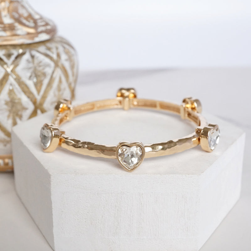 Heart Faceted Crystals Stretchy Stackable Station Bangles – Gold & Silver Tone