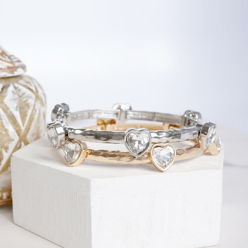 Heart Faceted Crystals Stretchy Stackable Station Bangles – Gold & Silver Tone