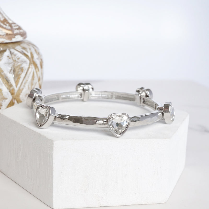 Heart Faceted Crystals Stretchy Stackable Station Bangles – Gold & Silver Tone