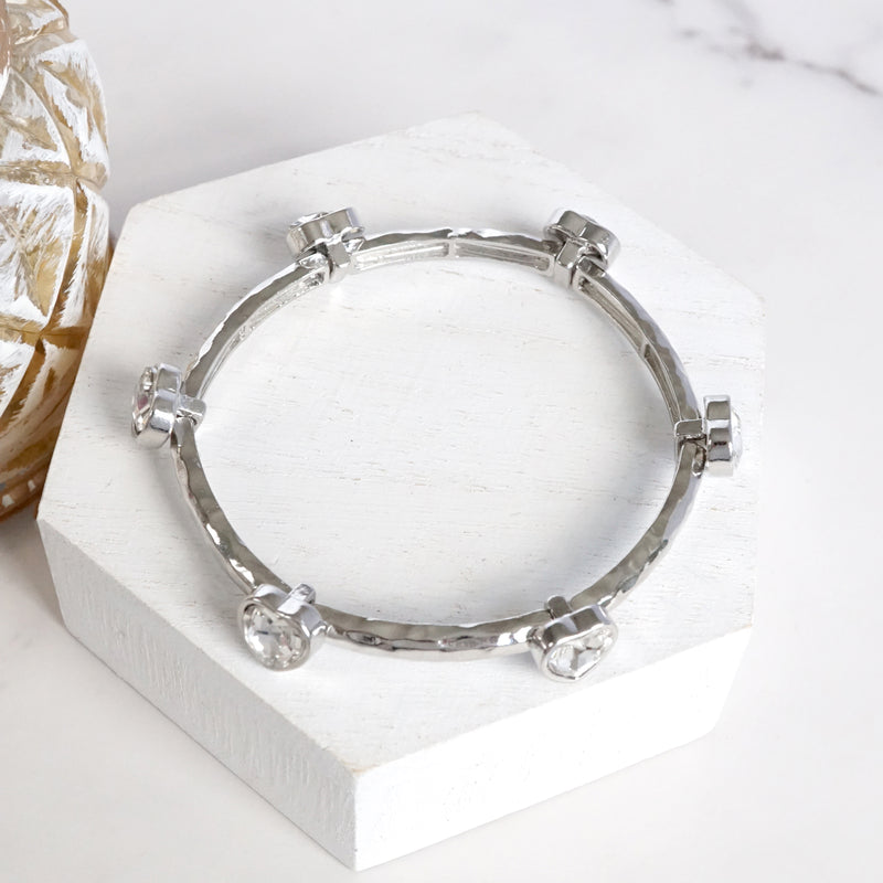 Heart Faceted Crystals Stretchy Stackable Station Bangles – Gold & Silver Tone