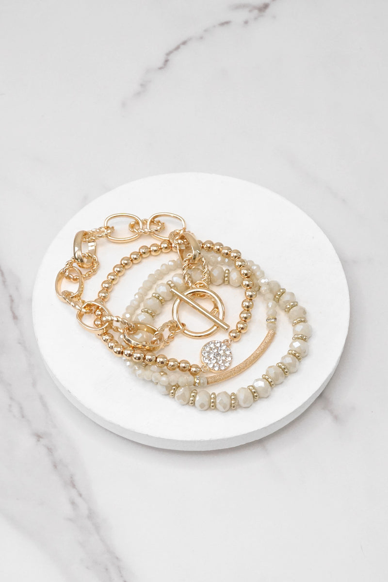 Beaded Bracelets set of 4 Off-White Glass Beads with Gold crystal paved sparkly bracelet Metal bead Toggle