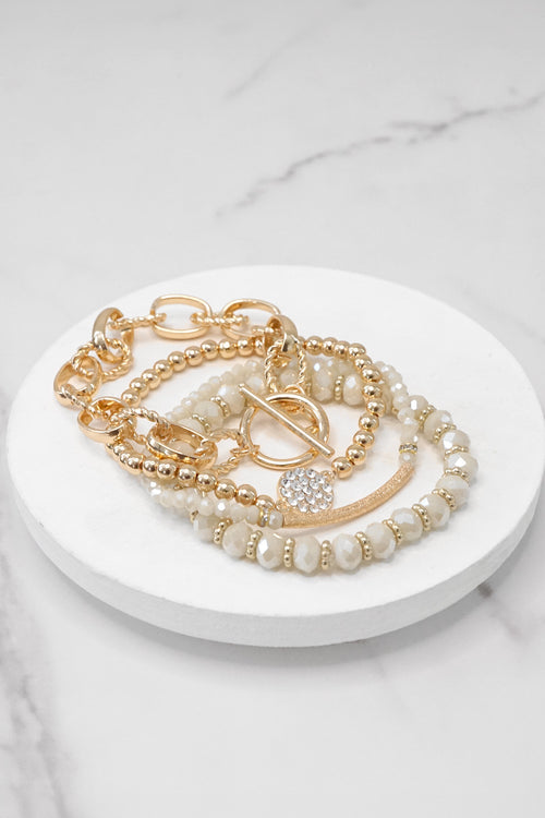 Beaded Bracelets set of 4 Off-White Glass Beads with Gold crystal paved sparkly bracelet Metal bead Toggle