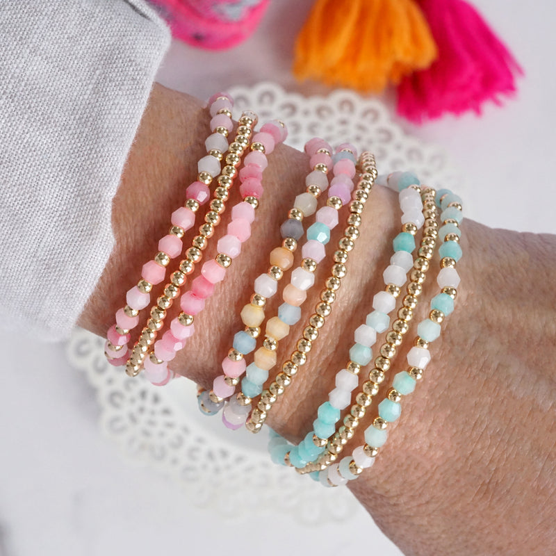 Small Gold tone and Glass beads bracelet stack of 3 bracelets - Pink Mint Multi