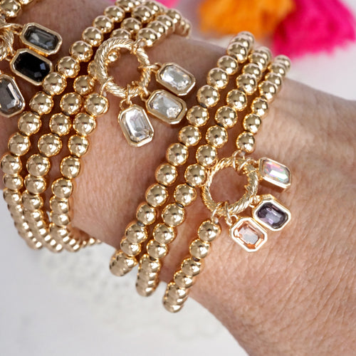 Golden Ball Beaded Stretch Bracelet Stack With Baguette Crystals – Clear Black Pink