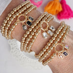 Golden Ball Beaded Stretch Bracelet Stack With Baguette Crystals – Clear Black Pink