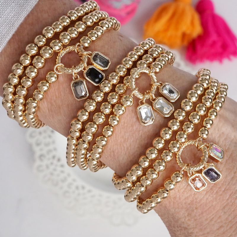 Golden Ball Beaded Stretch Bracelet Stack With Baguette Crystals – Clear Black Pink