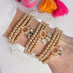 Golden Ball Beaded Stretch Bracelet Stack With Baguette Crystals – Clear Black Pink