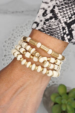 Cream and Gold tone Bracelet stack Wood beads Multi shape