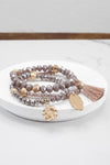 Beaded bracelet stack with tassel and coins Aqua Taupe Rose
