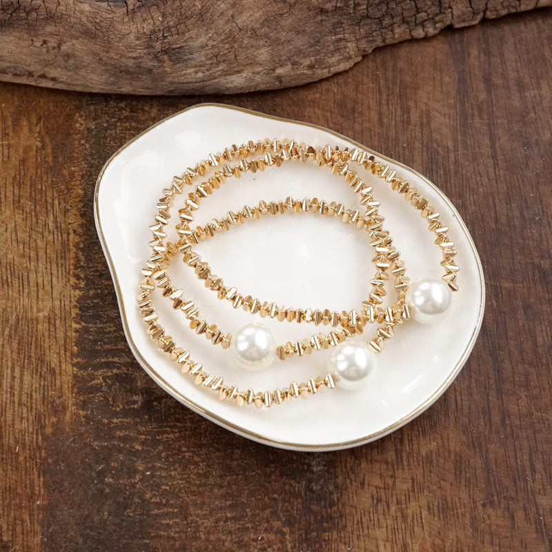 Golden Grace – Set of 3 Stretchy Bracelets with Pearl and 3D Beads