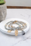 Beaded bracelet stack with tassel and coins Aqua Taupe Rose