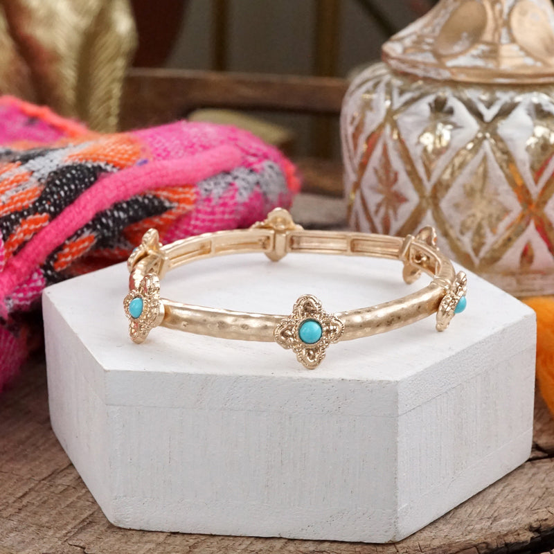 Sun-Kissed Shine – Medallion Stretchy Bangle with Pearl or Turquoise