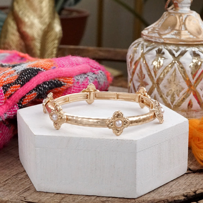 Sun-Kissed Shine – Medallion Stretchy Bangle with Pearl or Turquoise