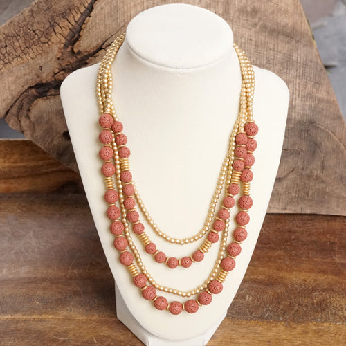 Waterfall Multi Strand Statement Short Necklace Lava and Gold Beads