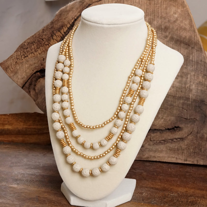 Waterfall Multi Strand Statement Short Necklace Lava and Gold Beads