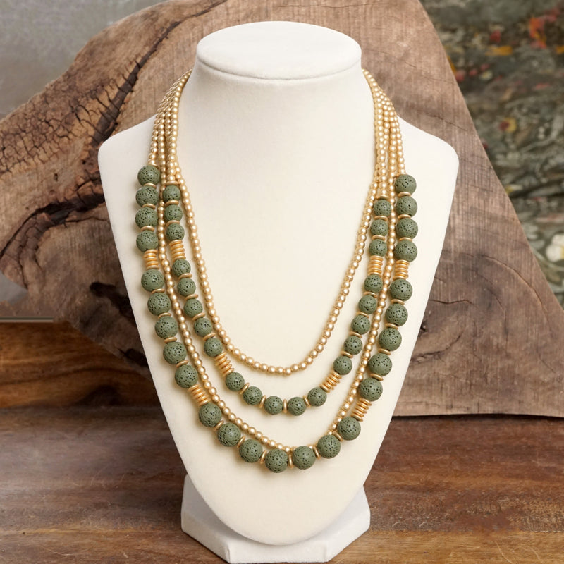 Waterfall Multi Strand Statement Short Necklace Lava and Gold Beads