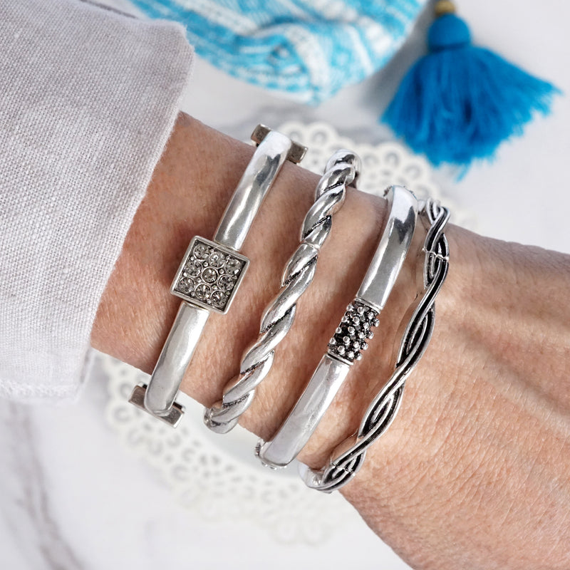 Desert Dream Stretch Bangles – Silver-Toned Western Glam with Crystal Kisses