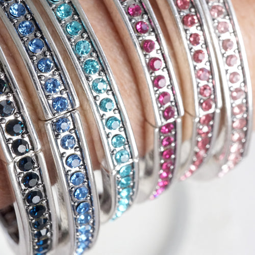 Western Sparkle Stretchy 3 Bangle Set – Silver Tone Crystals Pink & Blue