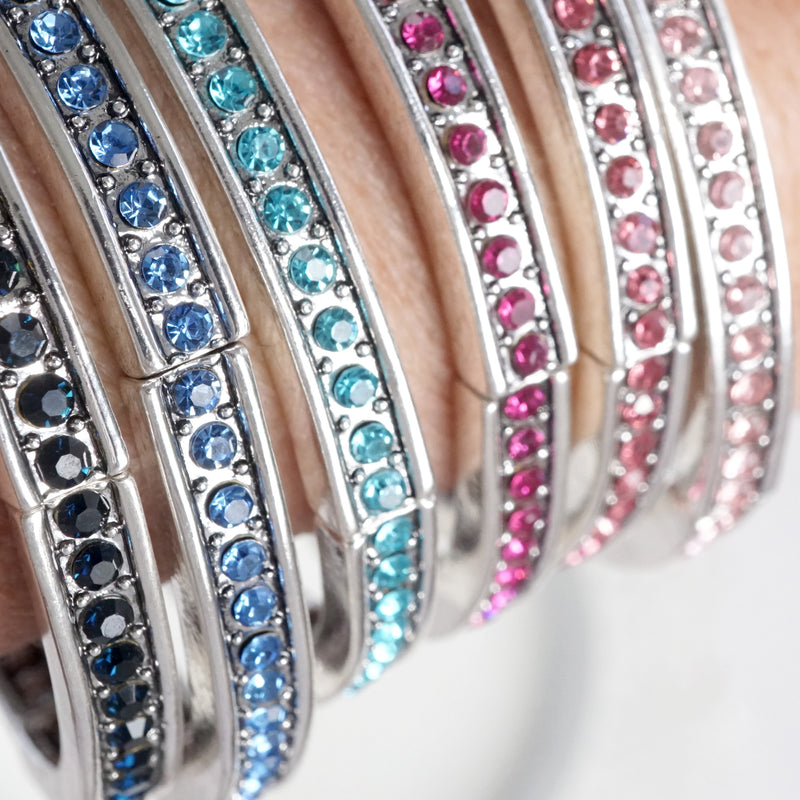 Western Sparkle Stretchy 3 Bangle Set – Silver Tone Crystals Pink & Blue