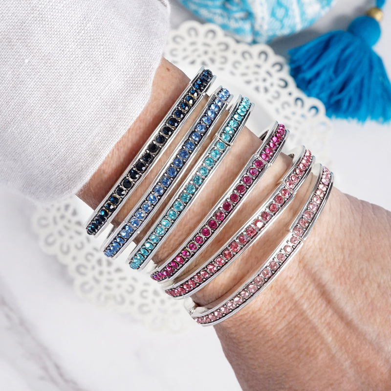 Western Sparkle Stretchy 3 Bangle Set – Silver Tone Crystals Pink & Blue