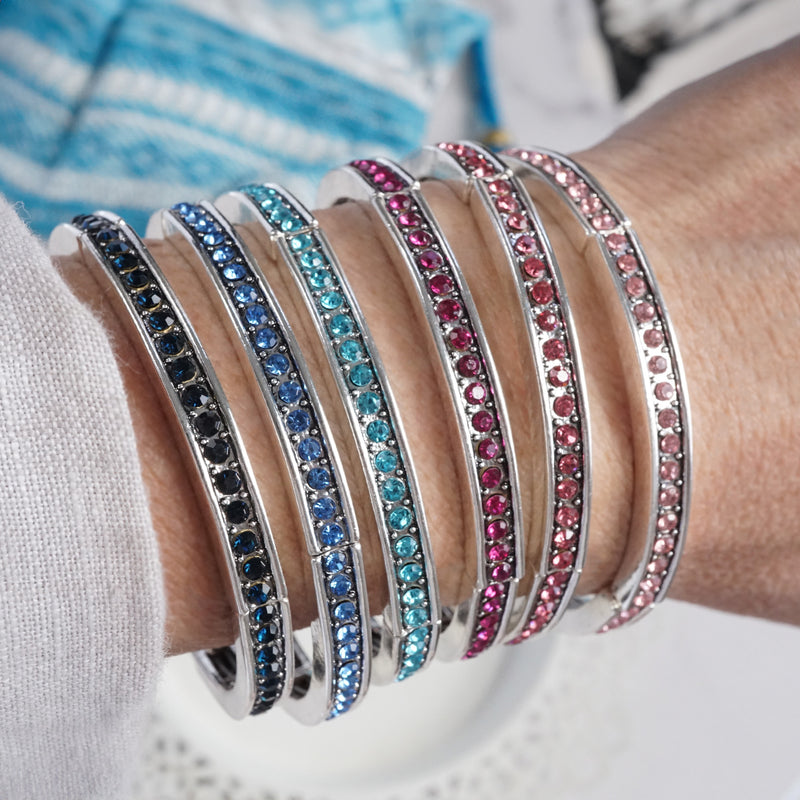Western Sparkle Stretchy 3 Bangle Set – Silver Tone Crystals Pink & Blue