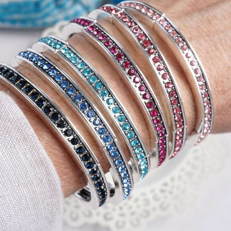 Western Sparkle Stretchy 3 Bangle Set – Silver Tone Crystals Pink & Blue