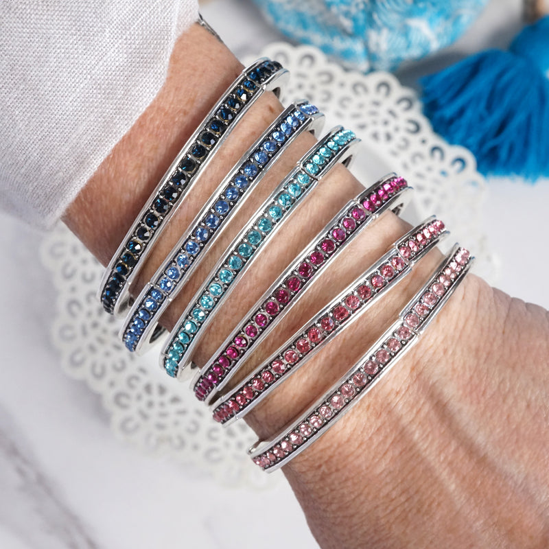 Western Sparkle Stretchy 3 Bangle Set – Silver Tone Crystals Pink & Blue