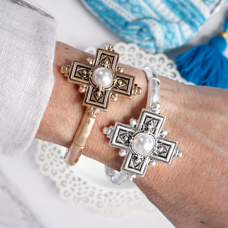 Boho Cross Drop Statement Bangles – Gold & Silver Tones