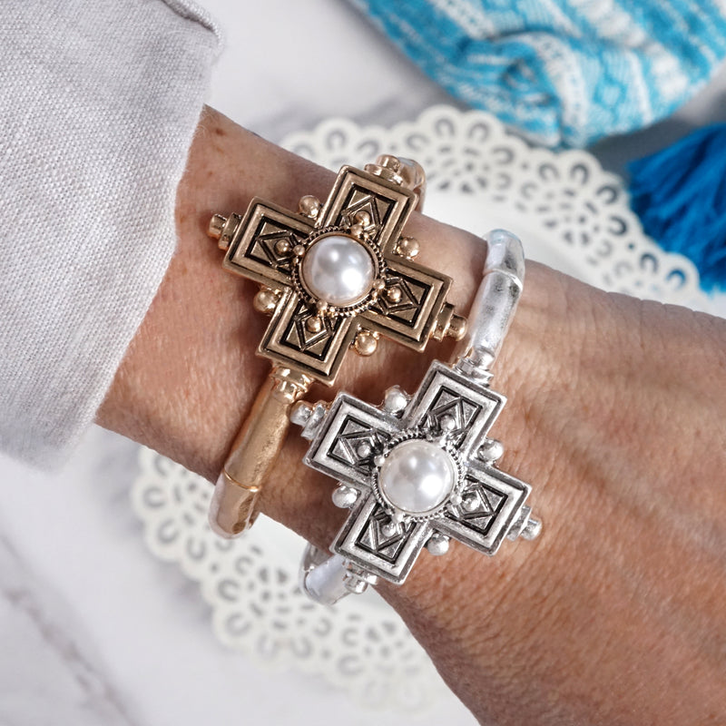 Boho Cross Drop Statement Bangles – Gold & Silver Tones