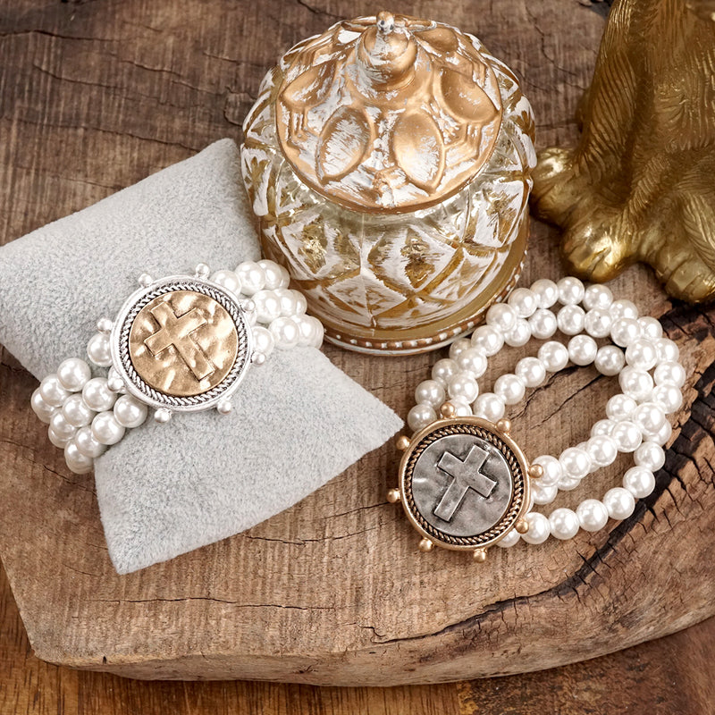 Gracebound – Cross Coin & Chunky Pearl 3-in-1 Statement Bracelet in Mixed Metals