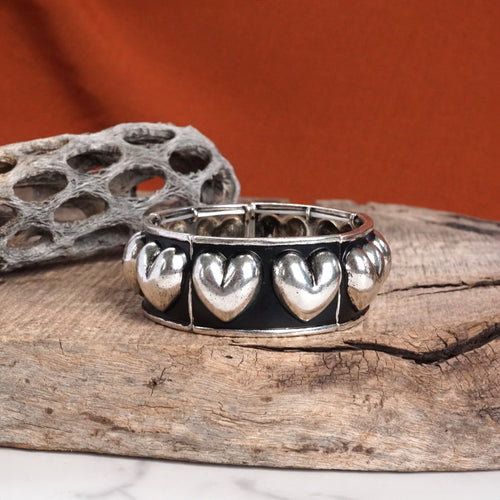 Western Stretchy Hearts Bangle in Rustic Silver Tone