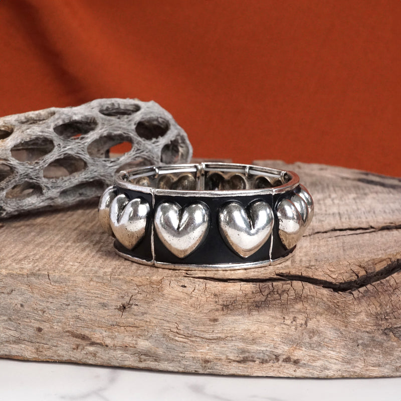 Western Stretchy Hearts Bangle in Rustic Silver Tone