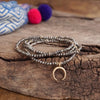 Beaded Bracelet Set with worn gold crescent charm Glass Beads - Grey Neutral Hematite