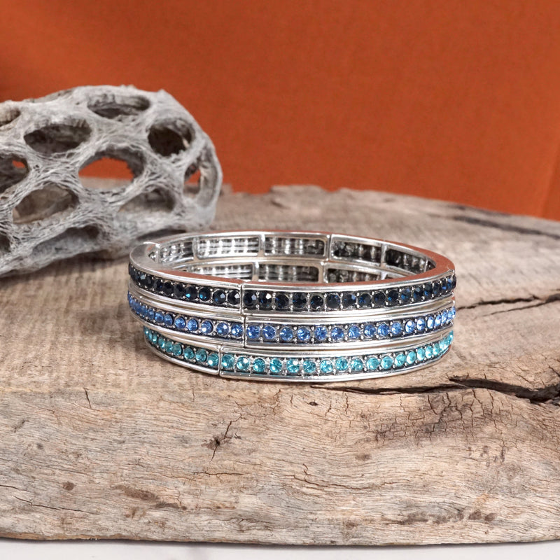 Western Sparkle Stretchy 3 Bangle Set – Silver Tone Crystals Pink & Blue
