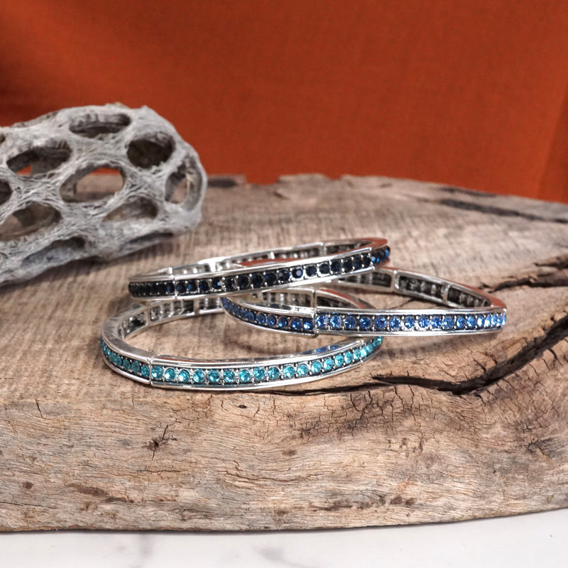 Western Sparkle Stretchy 3 Bangle Set – Silver Tone Crystals Pink & Blue