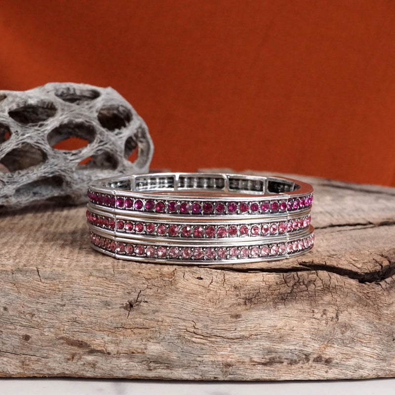 Western Sparkle Stretchy 3 Bangle Set – Silver Tone Crystals Pink & Blue