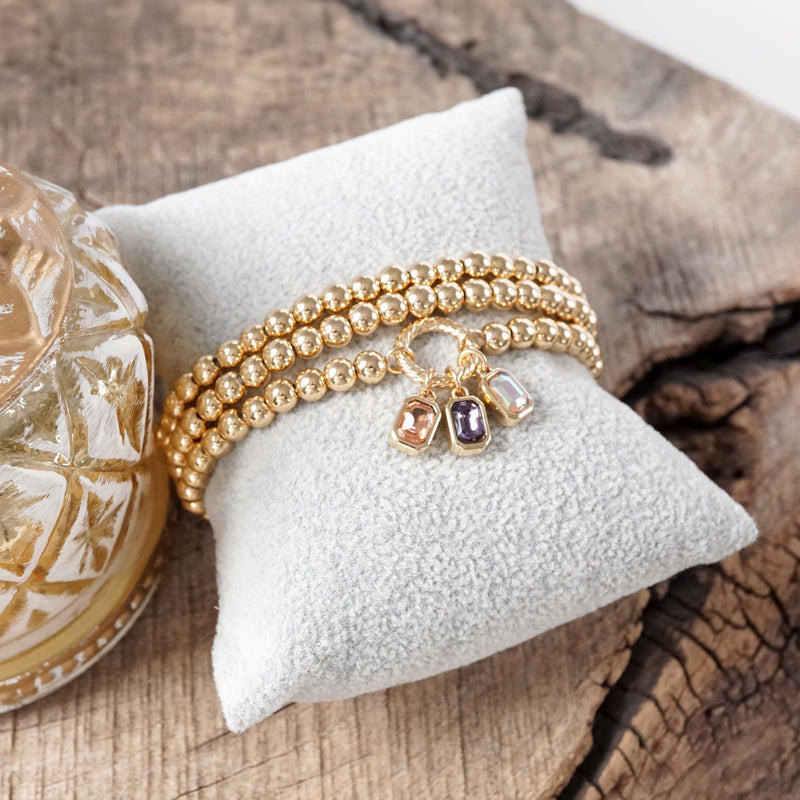Golden Ball Beaded Stretch Bracelet Stack With Baguette Crystals – Clear Black Pink
