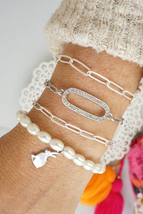 Easter pearl bracelet with silver tone bunny charm
