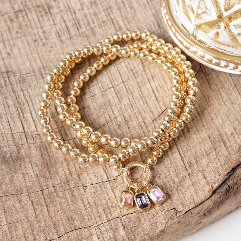 Golden Ball Beaded Stretch Bracelet Stack With Baguette Crystals – Clear Black Pink
