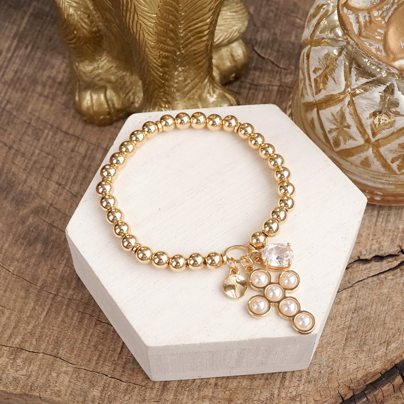 Golden Keepsakes – Charm Cluster Stretch Bracelet with Beads & Stones