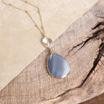Boho Minimal Long Necklace with Teardrop Natural Stone Pendant – Gray and Worn Gold Tone (Copy)