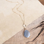 Boho Minimal Long Necklace with Teardrop Natural Stone Pendant – Gray and Worn Gold Tone (Copy)