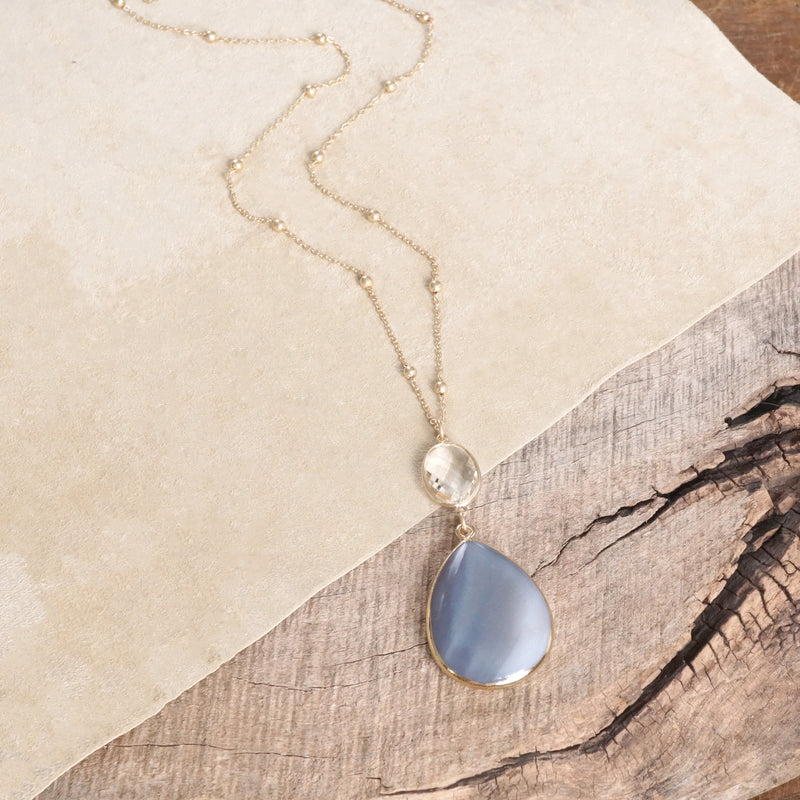 Boho Minimal Long Necklace with Teardrop Natural Stone Pendant – Gray and Worn Gold Tone (Copy)