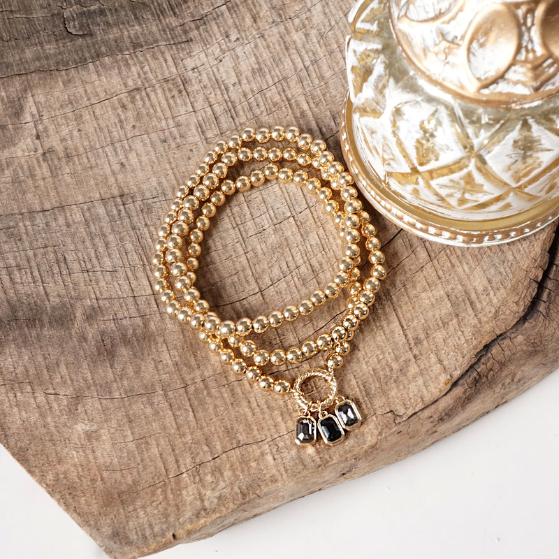 Golden Ball Beaded Stretch Bracelet Stack With Baguette Crystals – Clear Black Pink