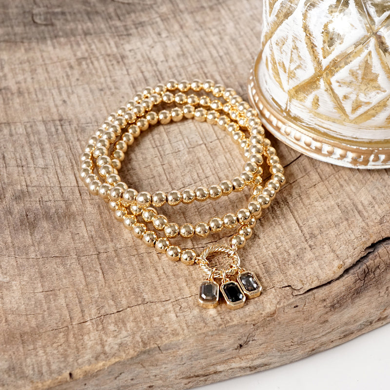 Golden Ball Beaded Stretch Bracelet Stack With Baguette Crystals – Clear Black Pink